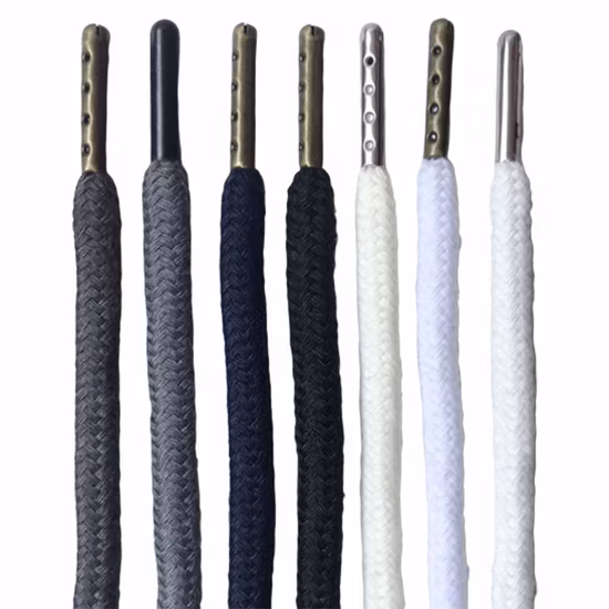 Cordoncino in poliestere personalizzato OEM Cordoncini rotondi fantasia colorati Cordoncino con coulisse in corda con cappuccio con punte in rame